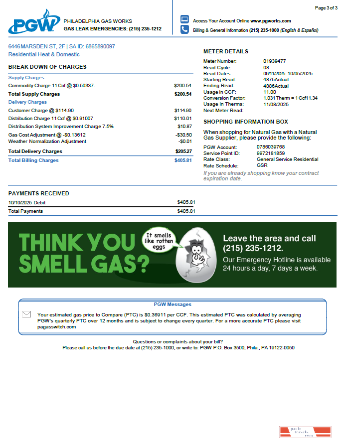 USA Philadelphia Gas Works utility bill template in Word and PDF formats, 3 pages. 3rd page